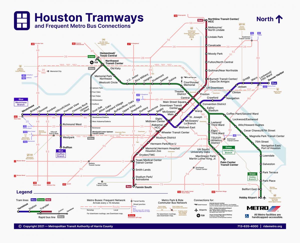 Karte der Straßenbahnhaltestellen in Houston